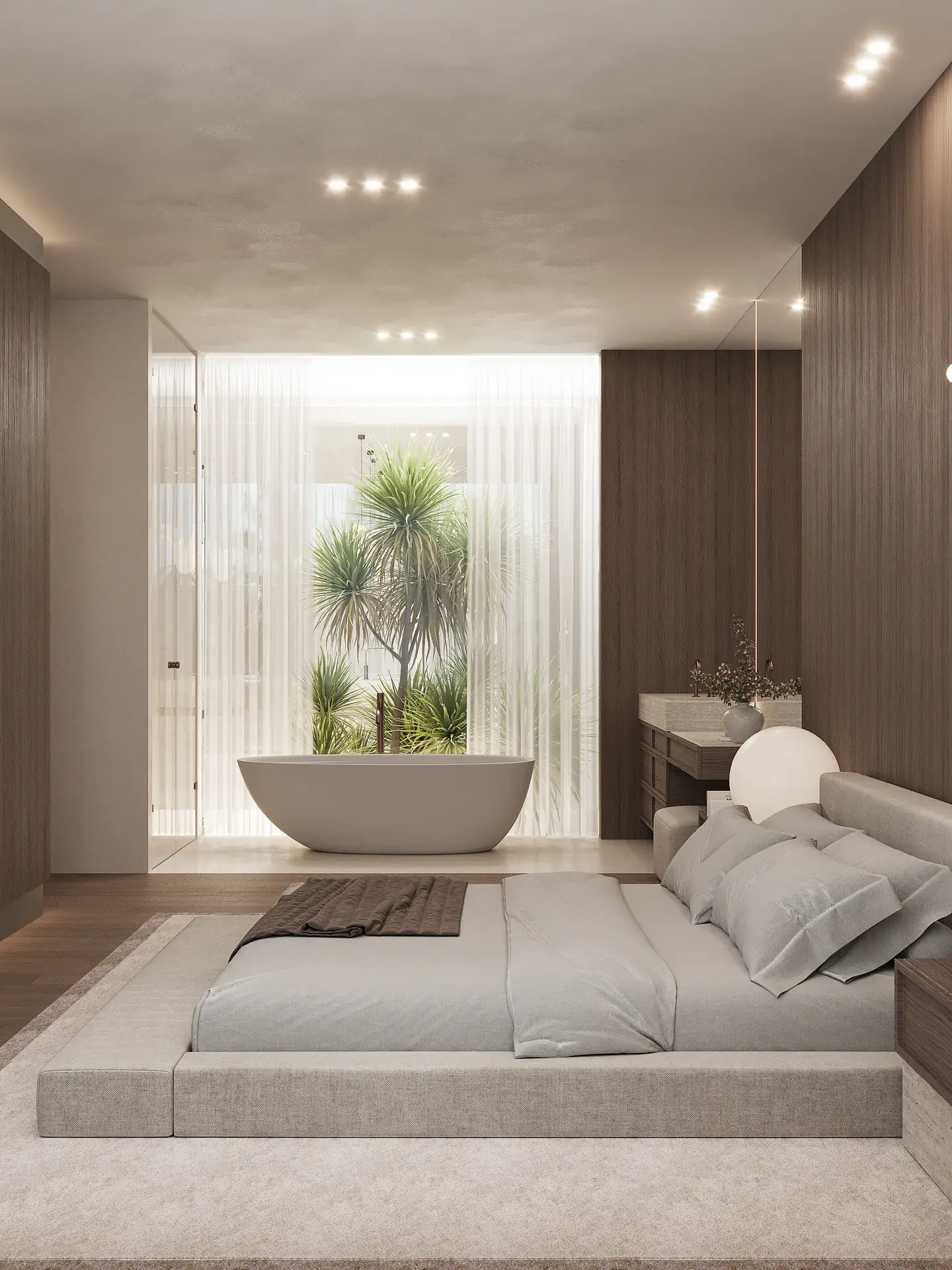 חדר שינה עם אמבט פרי-סטנדינג ונוף לגינה טרופית