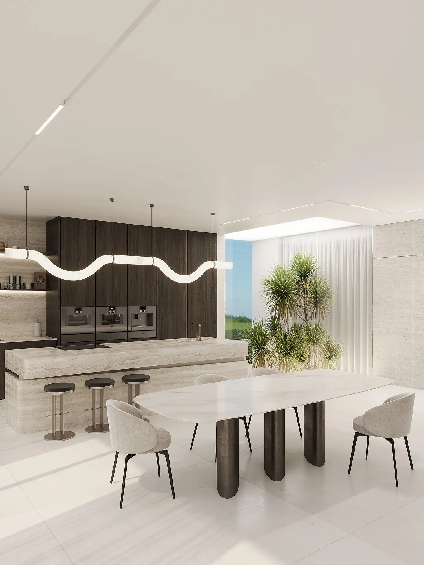 מטבח מודרני עם אי שיש ופינת אוכל בבית יוקרתי