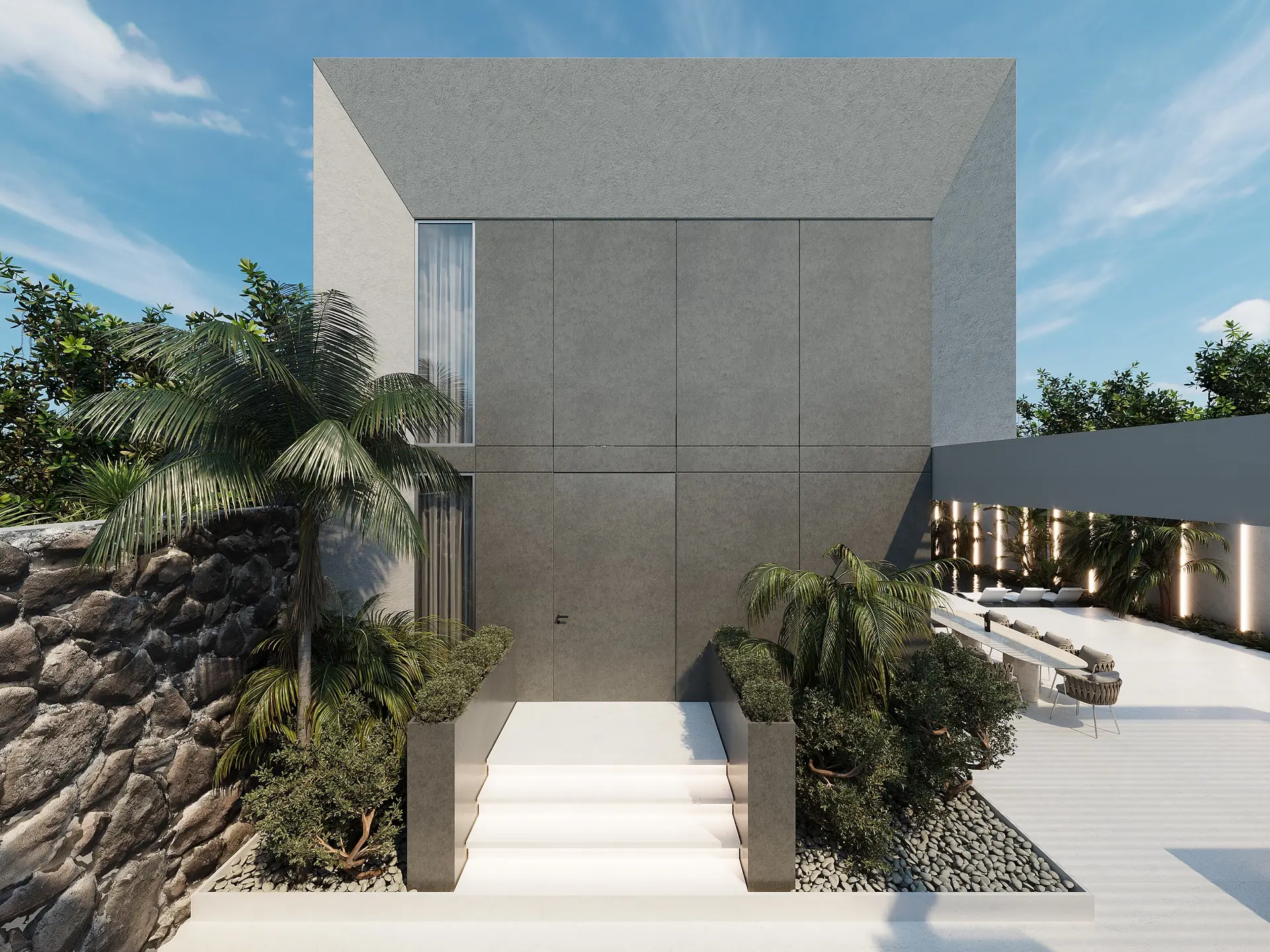 חזית וילה מודרנית במרכז עם כניסה מעוצבת