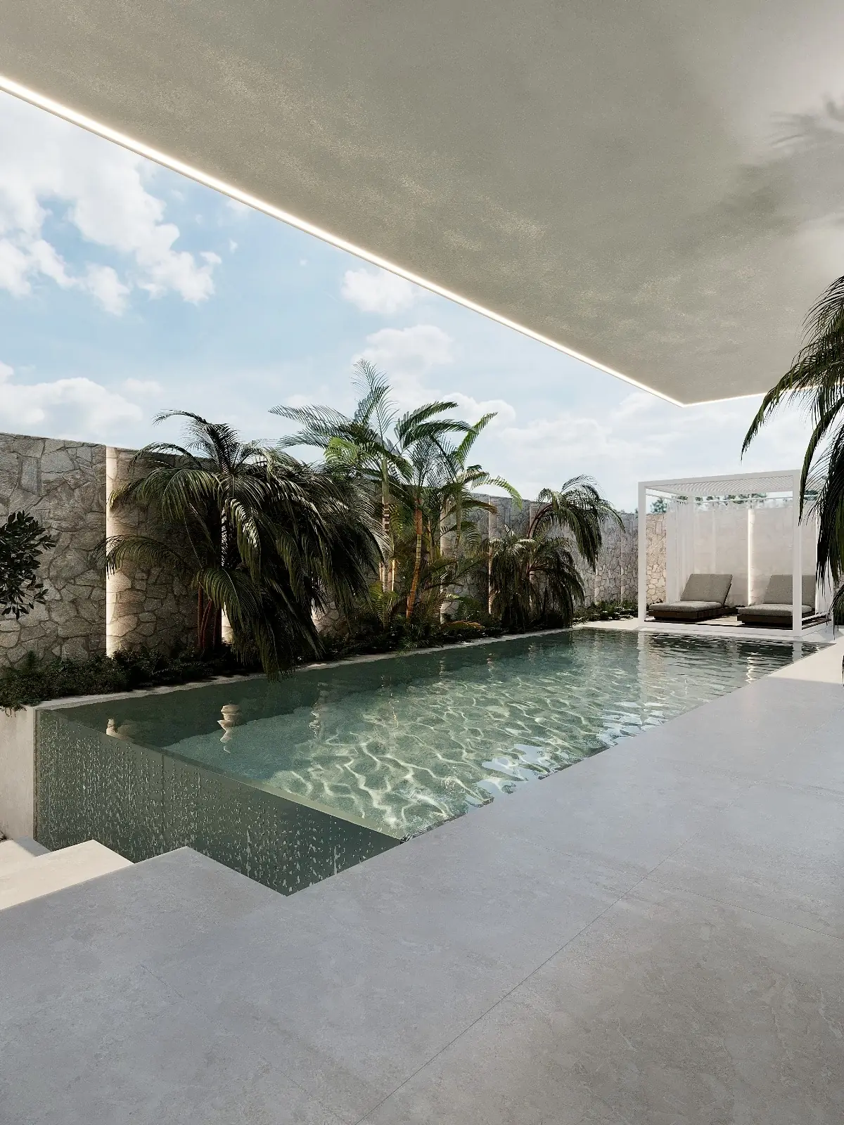 עיצוב וילות יוקרתיות במרכז - בריכת שחייה עם דקלים ופרגולה