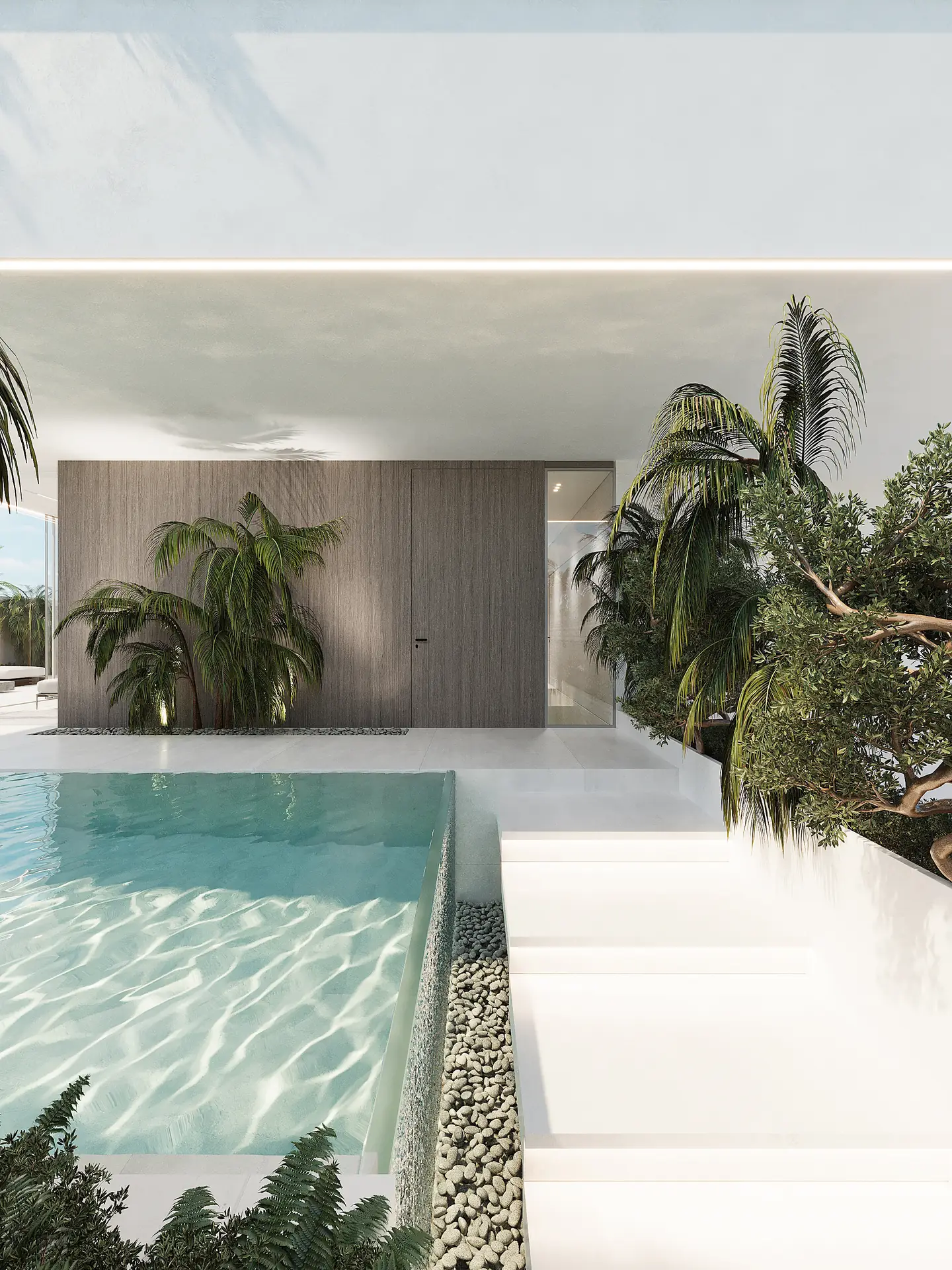 כניסה לוילה יוקרתית עם בריכה וגינון טרופי