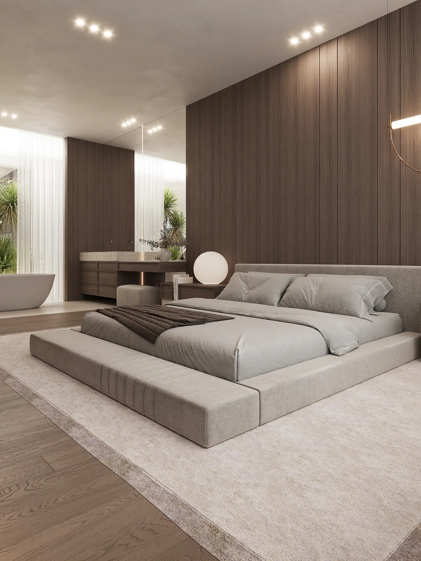 חדר שינה יוקרתי עם מיטת פלטפורמה וחיפוי עץ כהה