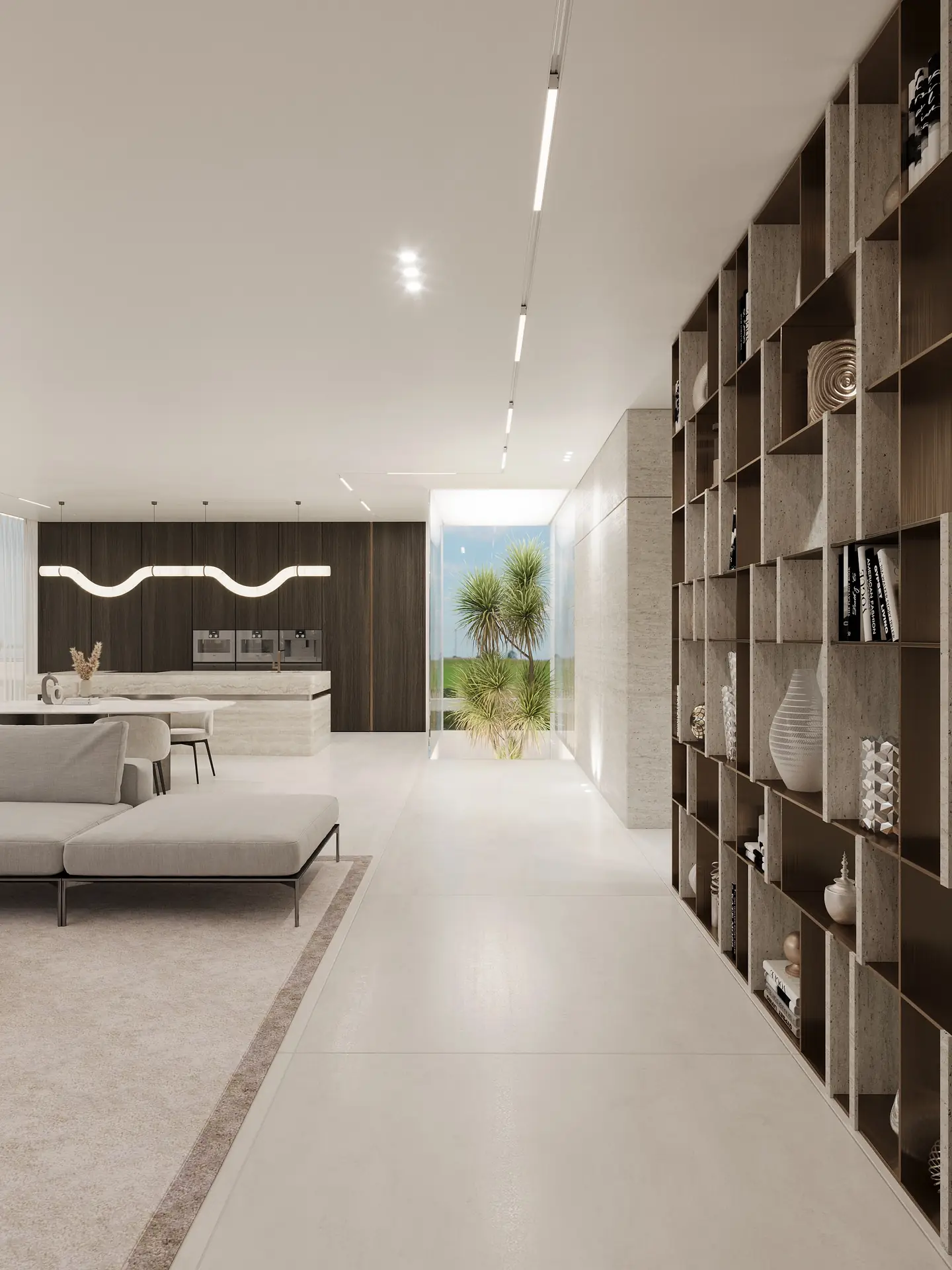 סלון מודרני עם ספרייה מעוצבת ומטבח פתוח בבית פרטי בצפון