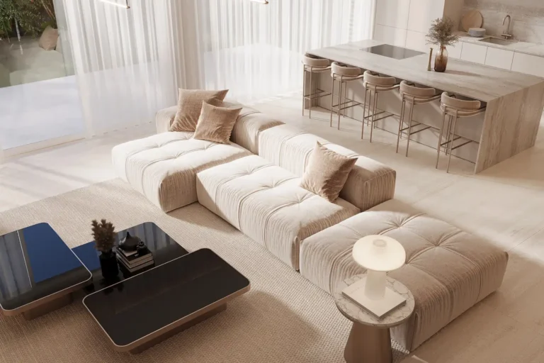 עיצוב דירות יוקרה בתל אביב - סלון מודרני חם עם אי מטבח ותאורה ארכיטקטונית - שירן דדיה