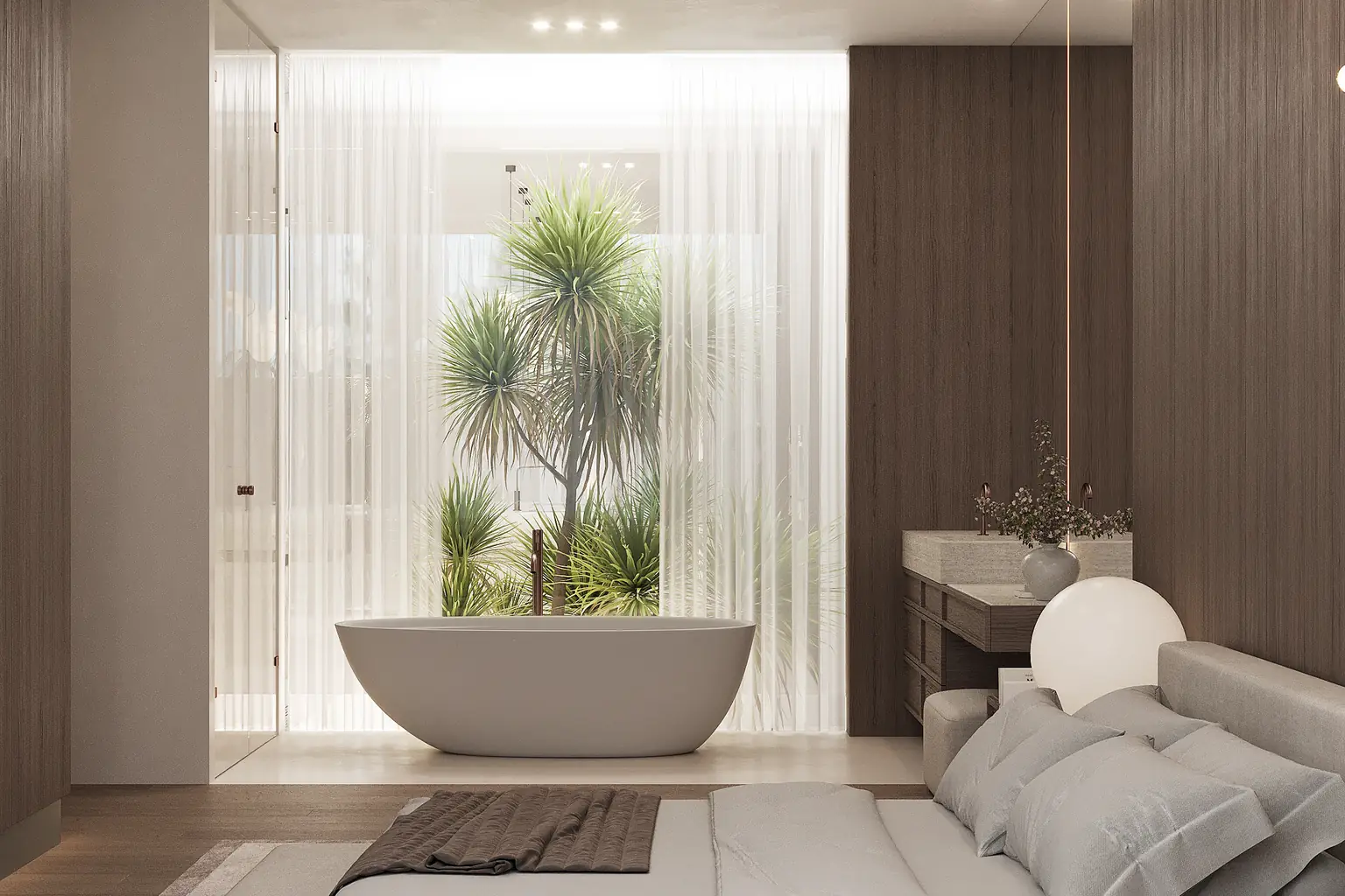 עיצוב חדר שינה יוקרתי - פרט ראש מיטה עם טקסטורות וחומרים טבעיים - שירן דדיה