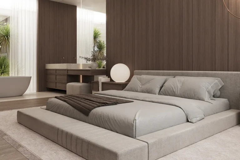 עיצוב חדר שינה יוקרתי - אווירה רגועה בפלטה חמה ותאורה עקיפה - שירן דדיה