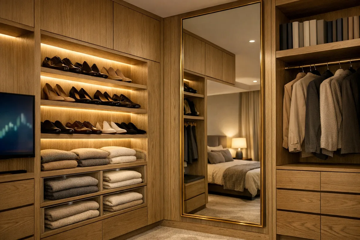עיצוב חדר שינה יוקרתי - ארון קיר סמוי ופתרונות אחסון אדריכליים - שירן דדיה