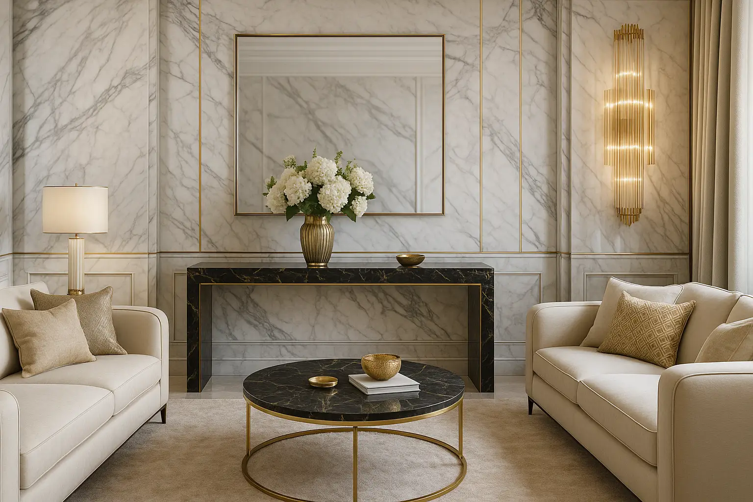 עיצוב יוקרתי עם שילוב שיש, זהב ואווירה אלגנטית